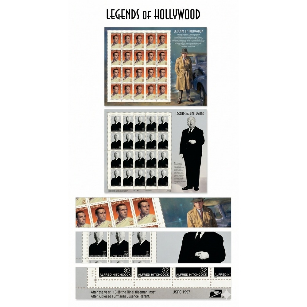 VTG 1997 1998 USPS Legends of Hollywood Stamp Panes Humphrey Bogart Hitchcock